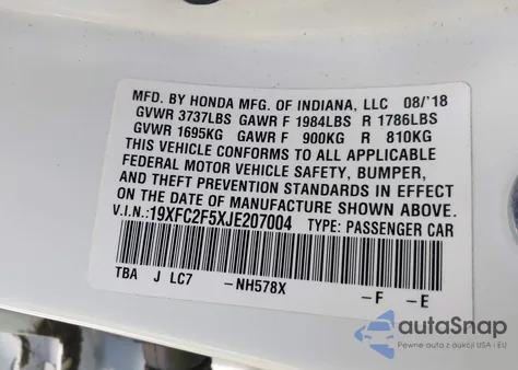 2018 Honda Civic Lx z USA, uszkodzony, nr VIN 19XFC2F5XJE207004